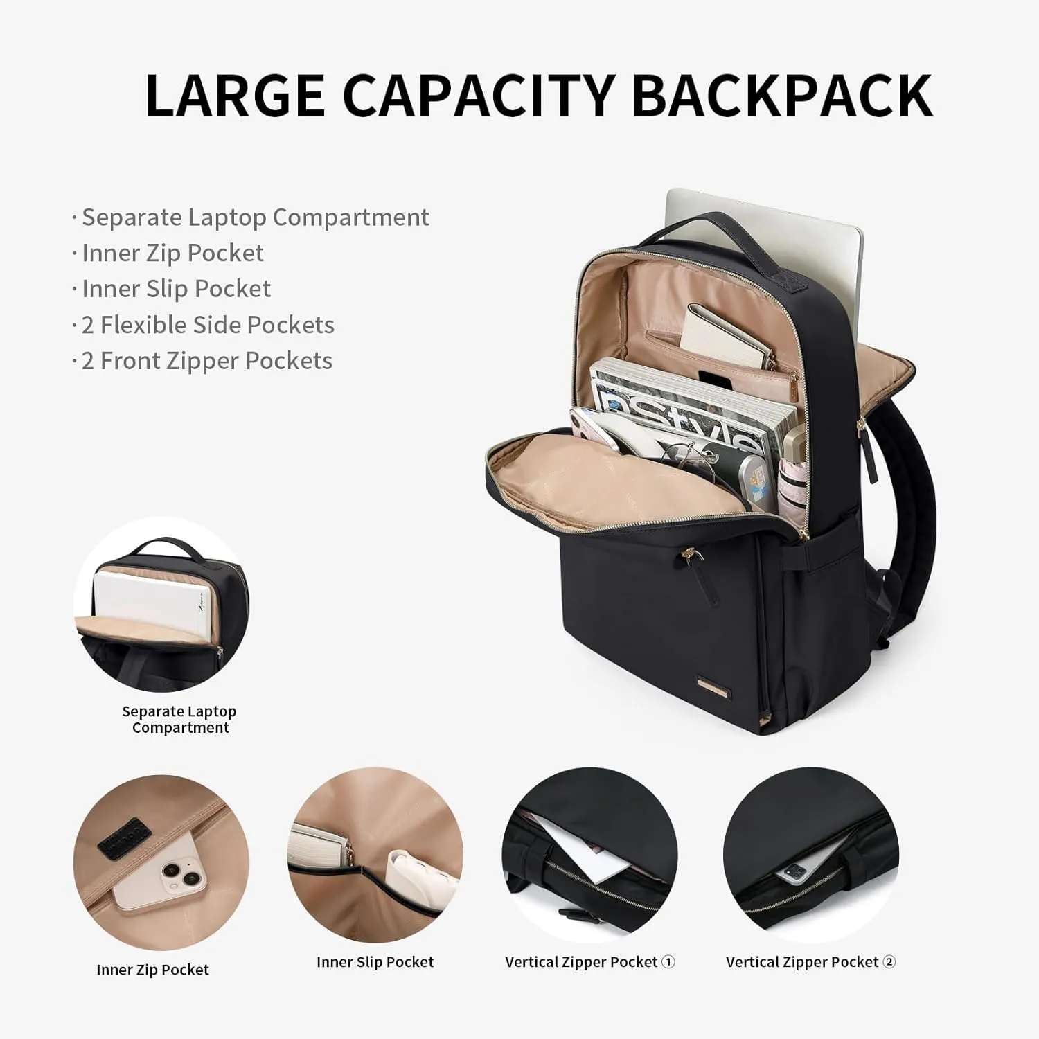 GOLF SUPAGS Stylish Laptop Backpack for Women Airline Approved Perfect for Work College and Travel Multi-Functional Casual Daypack Fits 14 Inch Notebook (Black)
