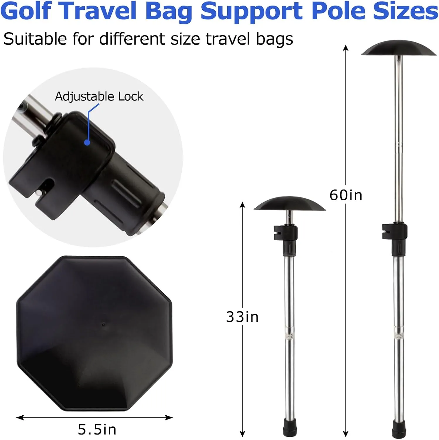 Golf Travel Bag Support Pole, 33"-60" Golf Club Travel Protector Stick for Bag Telescopic Adjustable Airlines Stiff Arm Club Protector Stainless Steel Pole