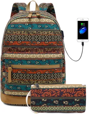 Goodking Bohemian Waterproof Laptop Backpack for Women/Girls, Stylish College School Backpack with USB Charging Port