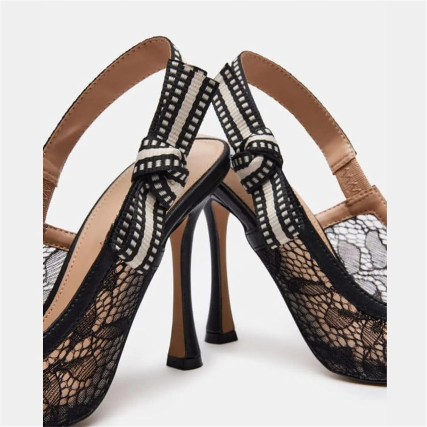 Goolita Pointed Closed Toe Pearl Slingback Heels for Women, Mesh Bow Evening Pump Stiletto High Heels Backless Party Bridal Shoes for Wedding