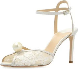 Goolita Womens Peep Toe Stiletto Heeled Sandals Shiny Pearl Buckle Ankle Strap Wedding Pumps Dress Evening Bride Bridal Shoes