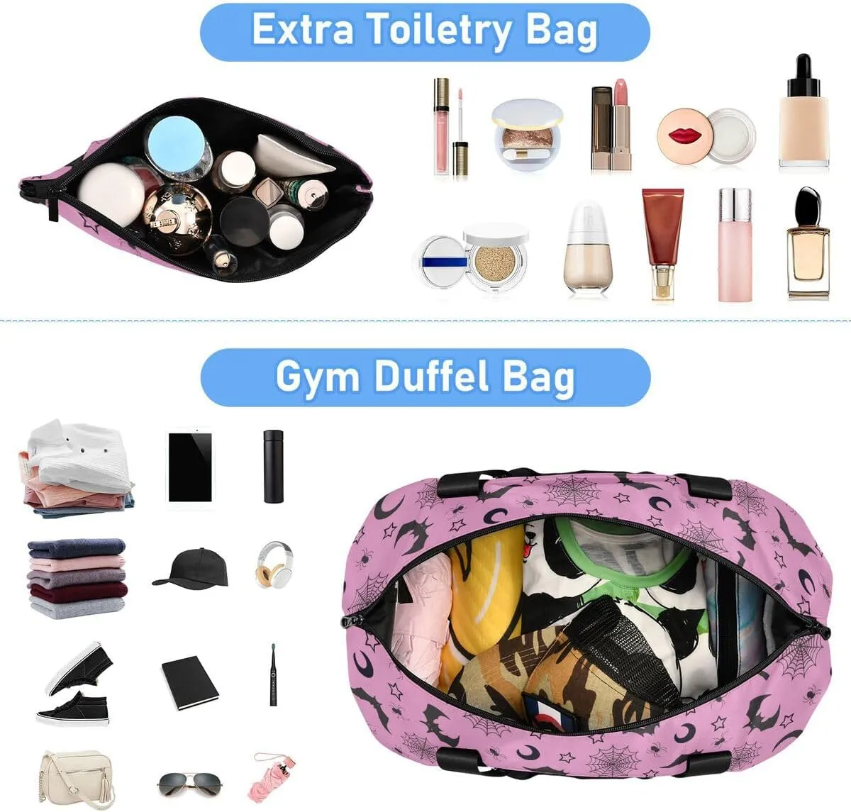 Gothic Pink Travel Duffel Tote with Bats - Sports Weekender Overnight Gym Carry On Hospital Bag for Women & Men