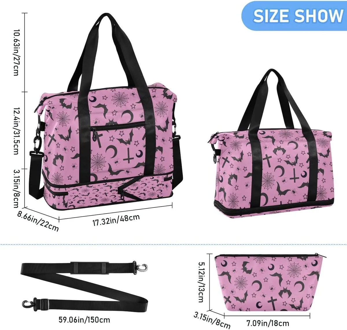 Gothic Pink Travel Duffel Tote with Bats - Sports Weekender Overnight Gym Carry On Hospital Bag for Women & Men