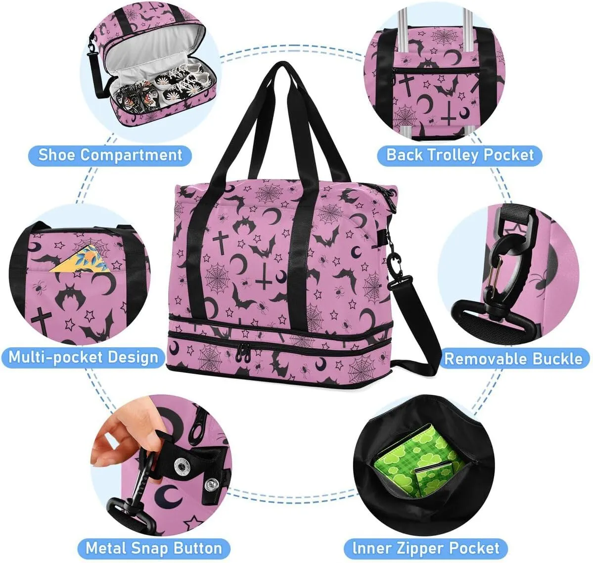 Gothic Pink Travel Duffel Tote with Bats - Sports Weekender Overnight Gym Carry On Hospital Bag for Women & Men
