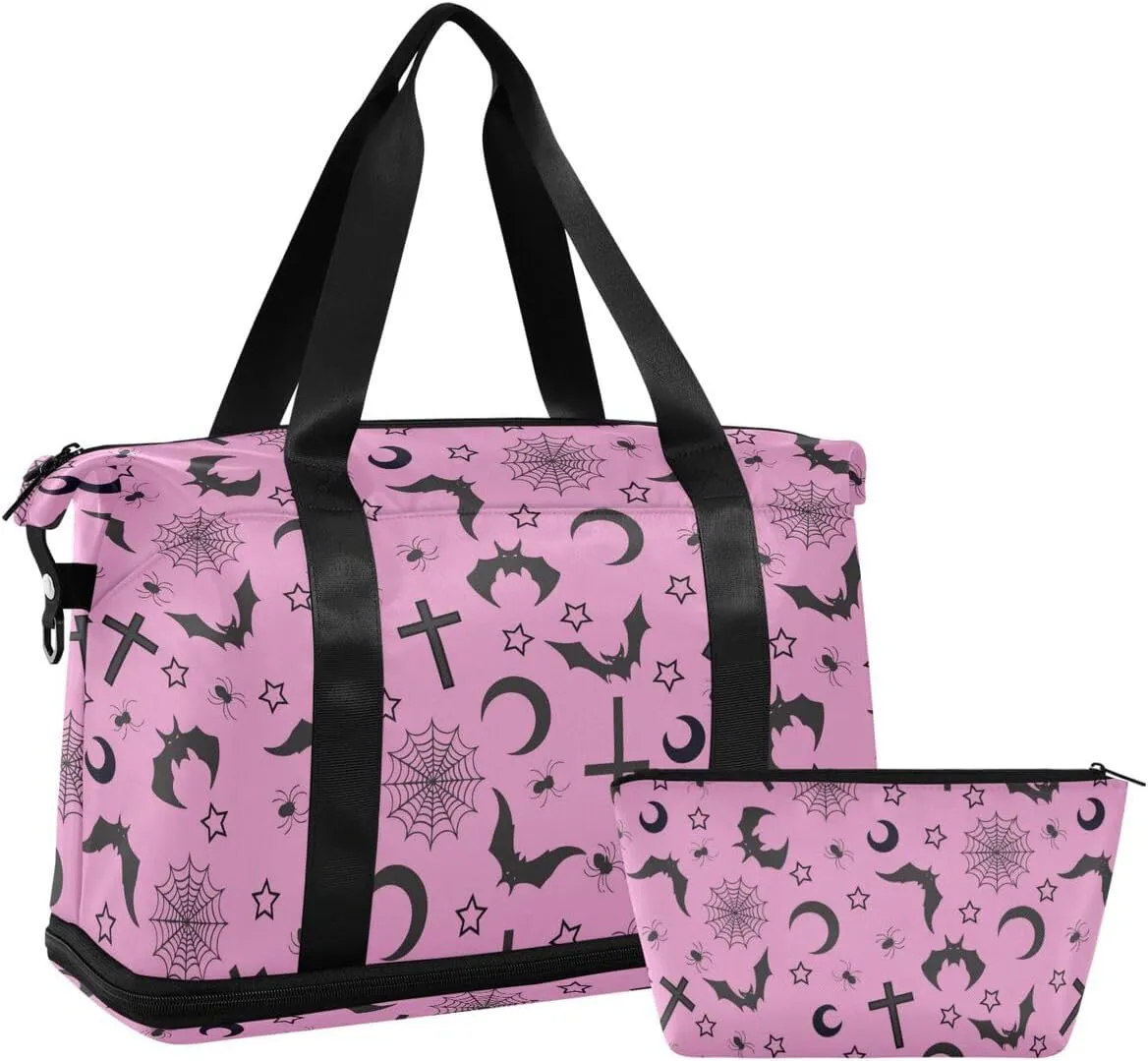 Gothic Pink Travel Duffel Tote with Bats - Sports Weekender Overnight Gym Carry On Hospital Bag for Women & Men