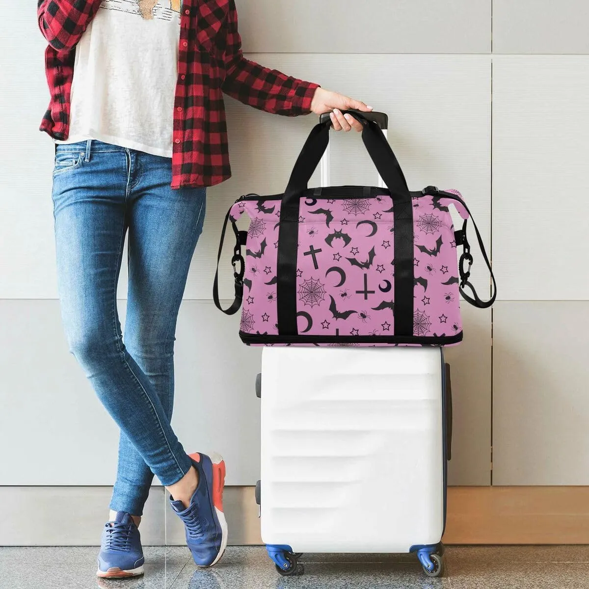 Gothic Pink Travel Duffel Tote with Bats - Sports Weekender Overnight Gym Carry On Hospital Bag for Women & Men