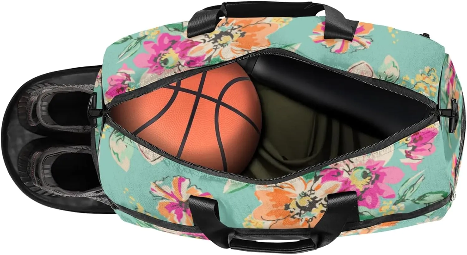 Green Travel Duffle Bag Large Gym Tote Bag for Women, Weekender Bag Carry on Bag for Airplane, Abstract Flower Personal Item Travel Bag
