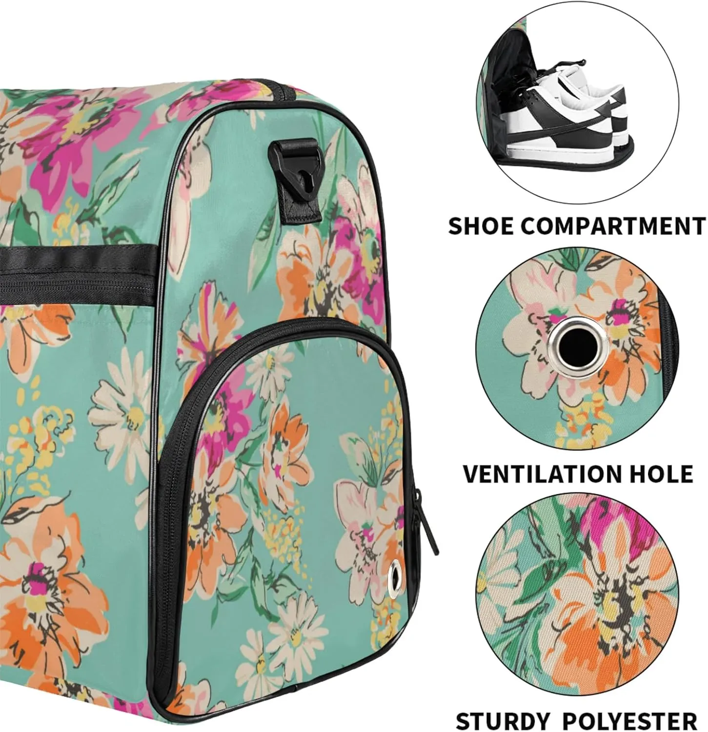 Green Travel Duffle Bag Large Gym Tote Bag for Women, Weekender Bag Carry on Bag for Airplane, Abstract Flower Personal Item Travel Bag