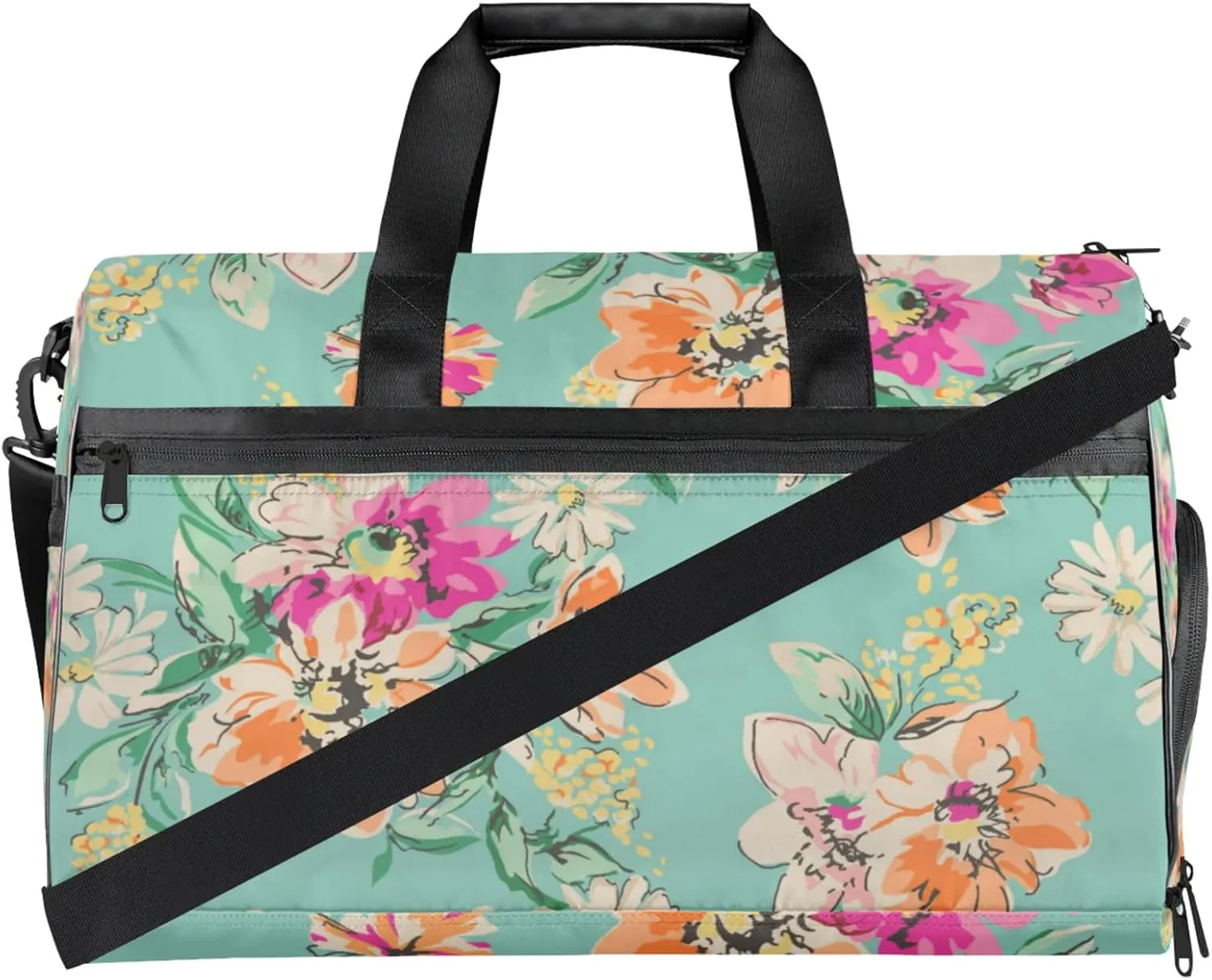 Green Travel Duffle Bag Large Gym Tote Bag for Women, Weekender Bag Carry on Bag for Airplane, Abstract Flower Personal Item Travel Bag