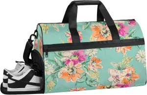 Green Travel Duffle Bag Large Gym Tote Bag for Women, Weekender Bag Carry on Bag for Airplane, Abstract Flower Personal Item Travel Bag