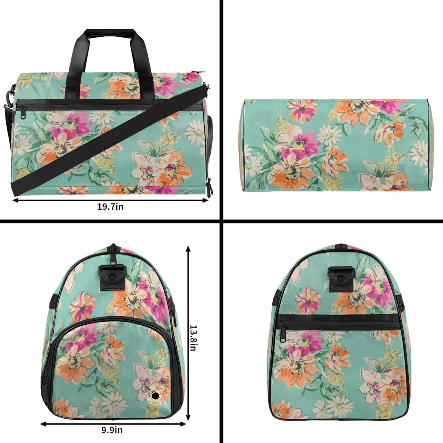 Green Travel Duffle Bag Large Gym Tote Bag for Women, Weekender Bag Carry on Bag for Airplane, Abstract Flower Personal Item Travel Bag