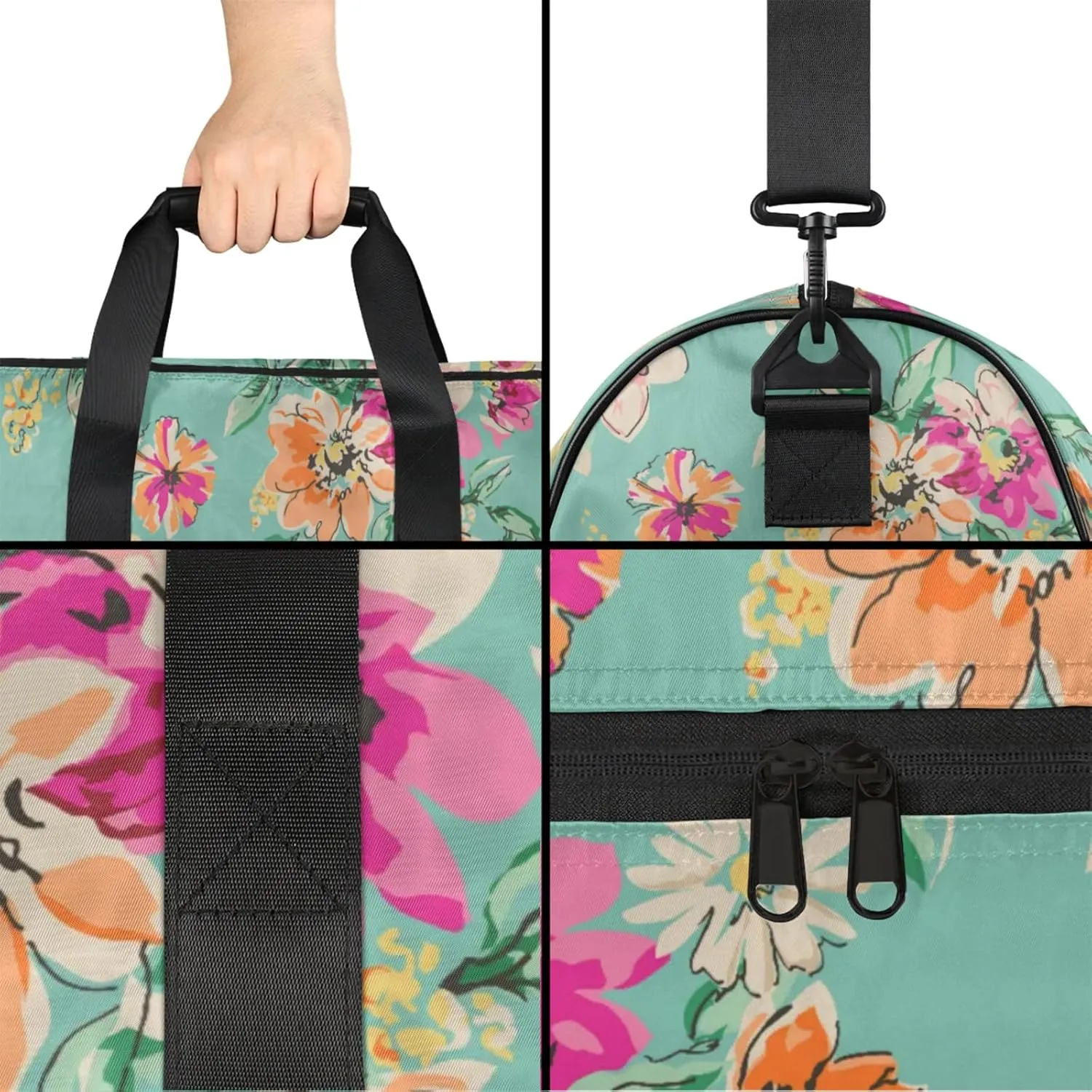 Green Travel Duffle Bag Large Gym Tote Bag for Women, Weekender Bag Carry on Bag for Airplane, Abstract Flower Personal Item Travel Bag