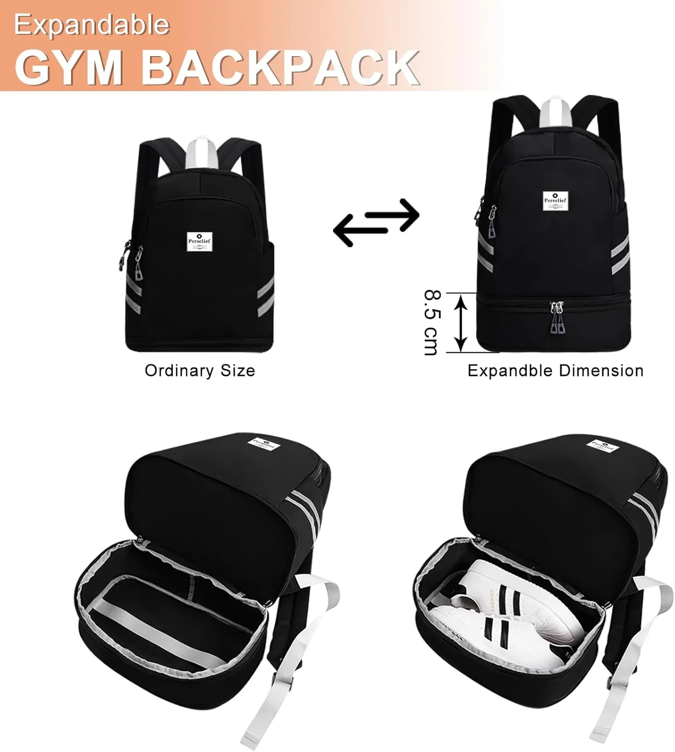 Gym Backpack for Women Foldable Sports Gym Bag with Shoe Compartment & Wet Pocket Travel Backpack Casual Daypack, Black