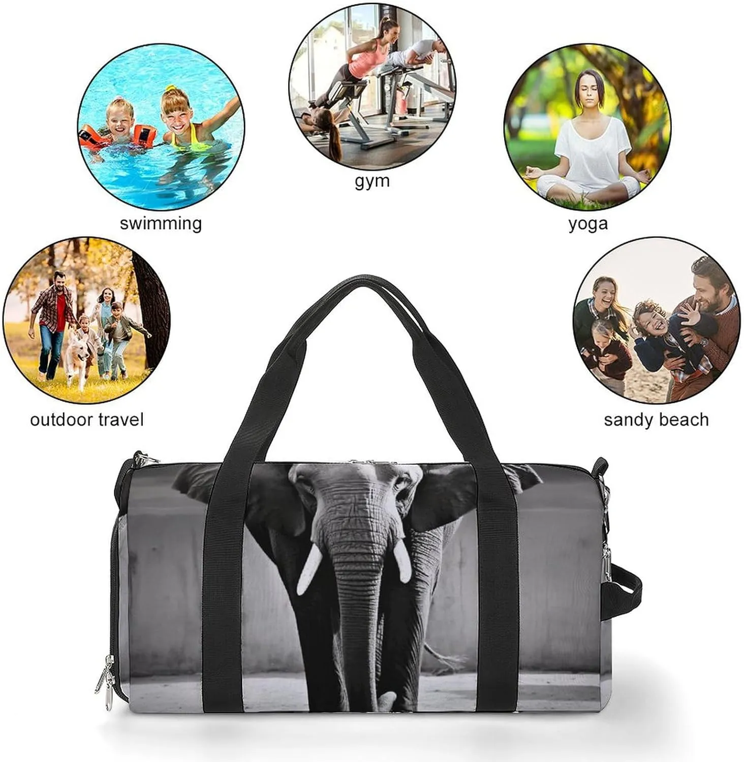 Gym Bag Black And White Elephant Duffel Bag for Men Women Travel Overnight Bag with Shoe Compartment Workout Bags