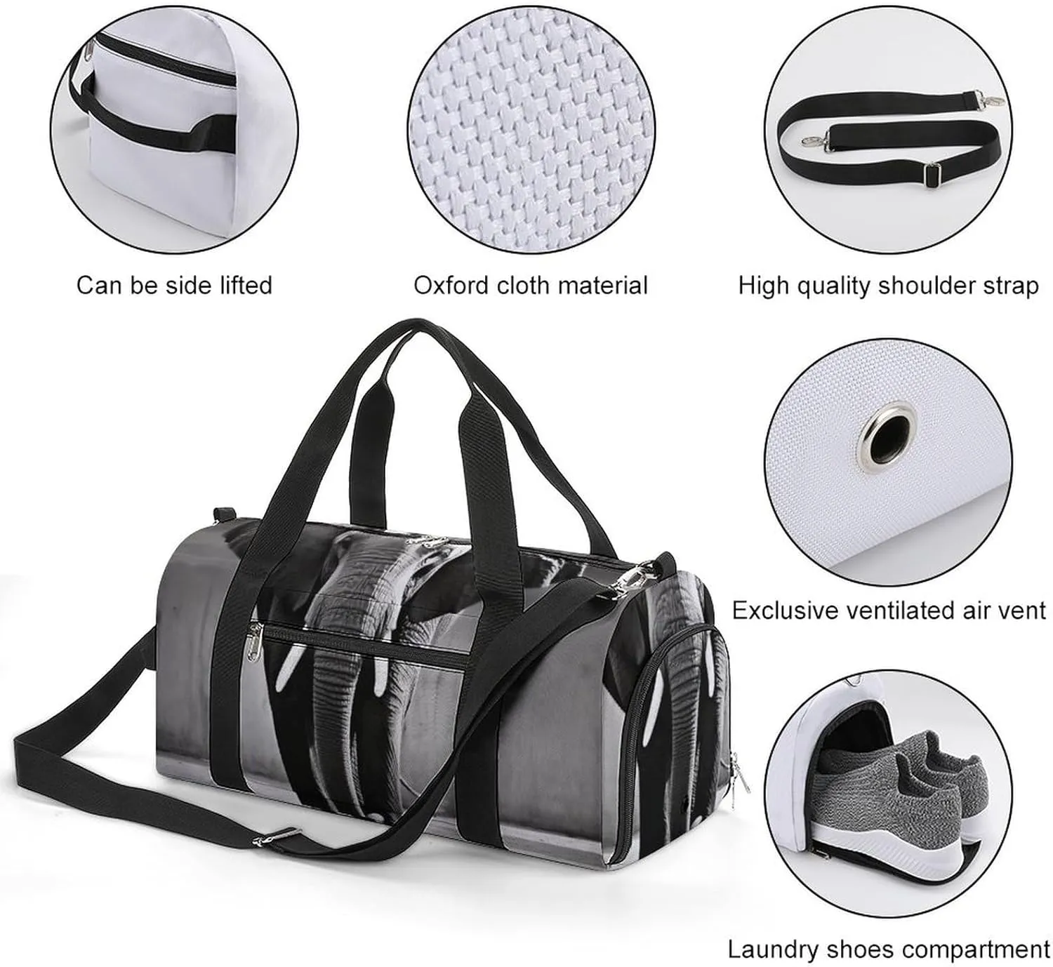 Gym Bag Black And White Elephant Duffel Bag for Men Women Travel Overnight Bag with Shoe Compartment Workout Bags