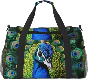 Gym Bag Blue Peacock Duffel Bag for Men Women Travel Overnight Bag with Shoe Compartment Workout Bags