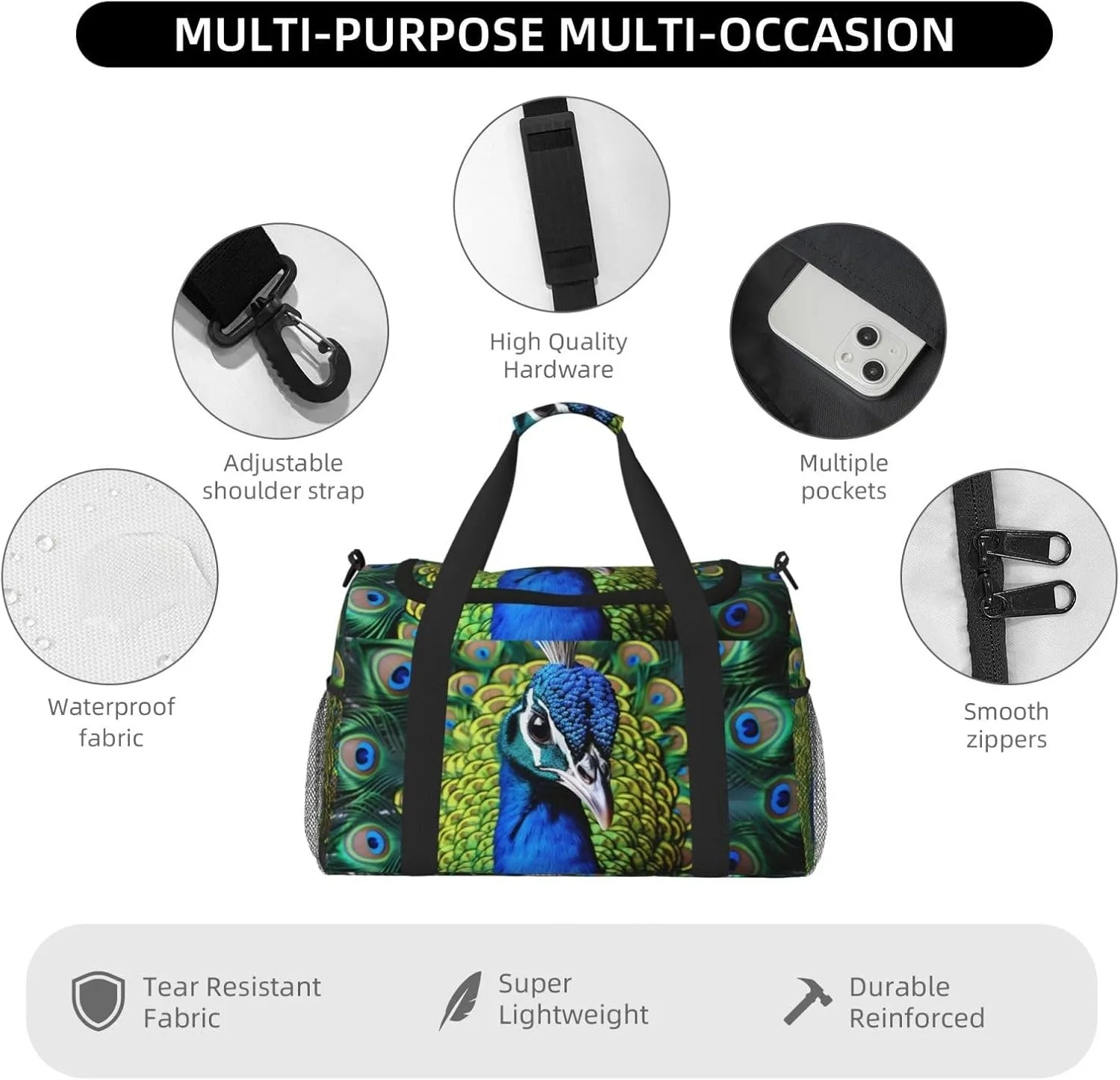 Gym Bag Blue Peacock Duffel Bag for Men Women Travel Overnight Bag with Shoe Compartment Workout Bags
