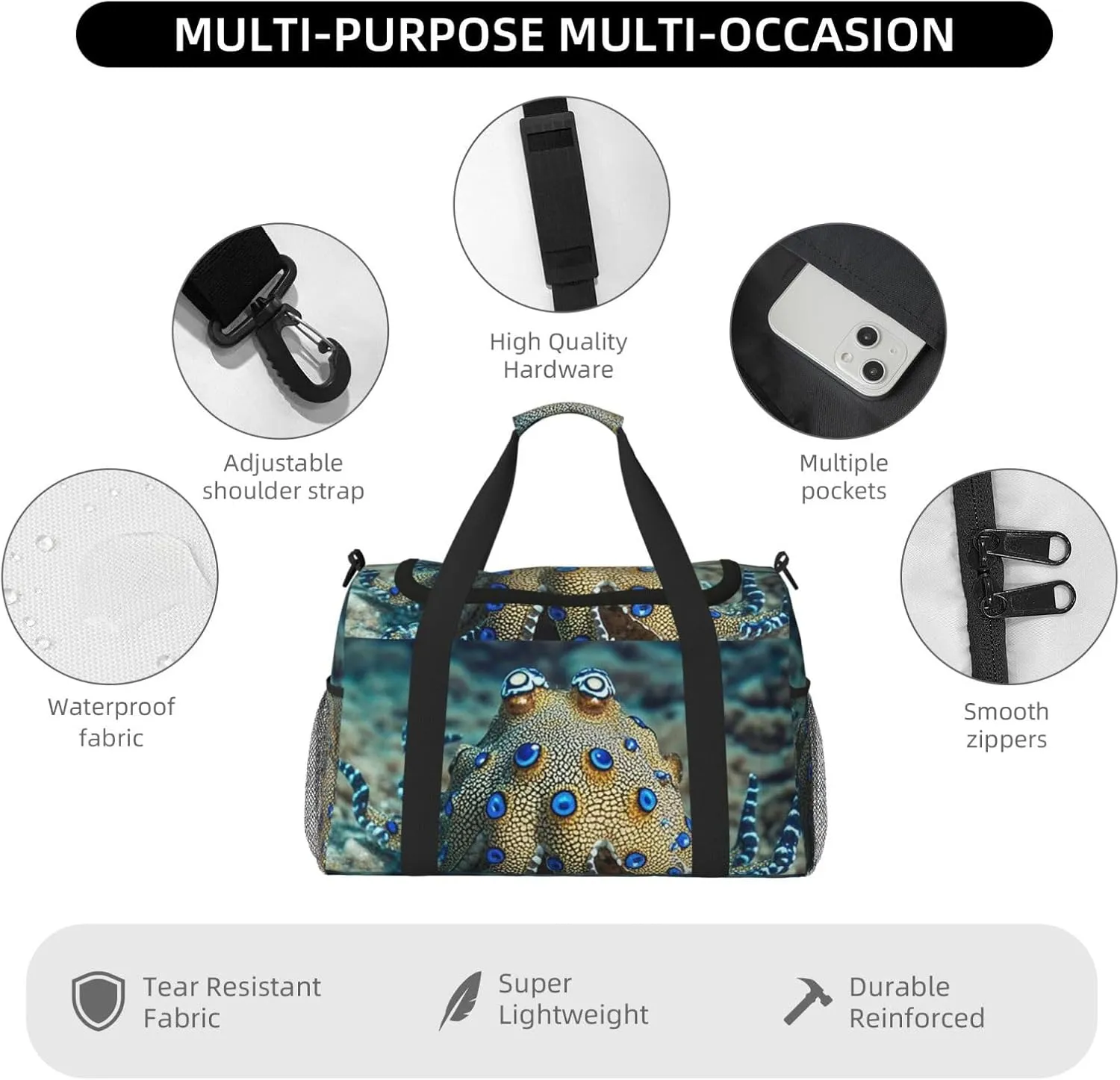 Gym Bag Blue Ringed Octopus5 Duffel Bag for Men Women Travel Overnight Bag with Shoe Compartment Workout Bags
