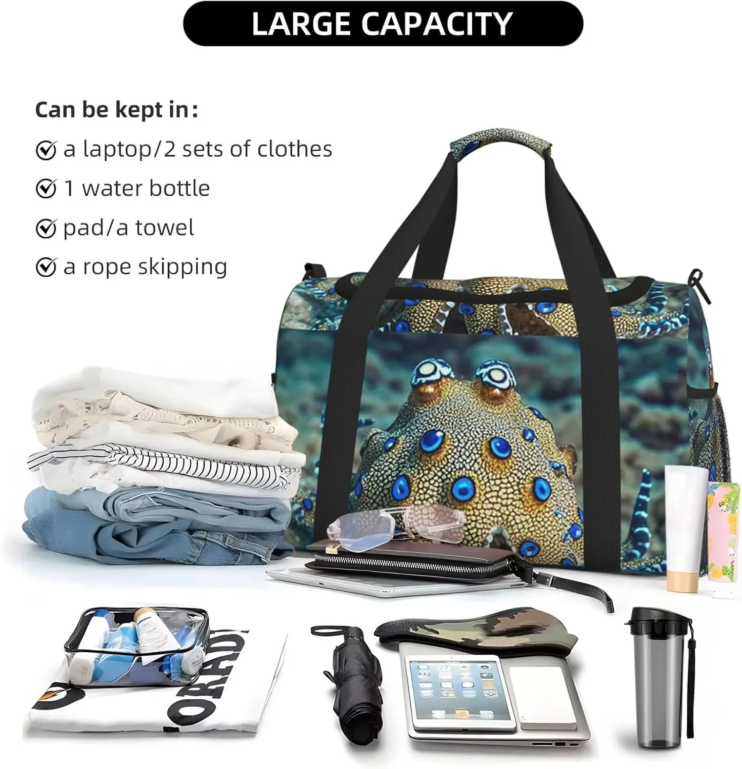 Gym Bag Blue Ringed Octopus5 Duffel Bag for Men Women Travel Overnight Bag with Shoe Compartment Workout Bags