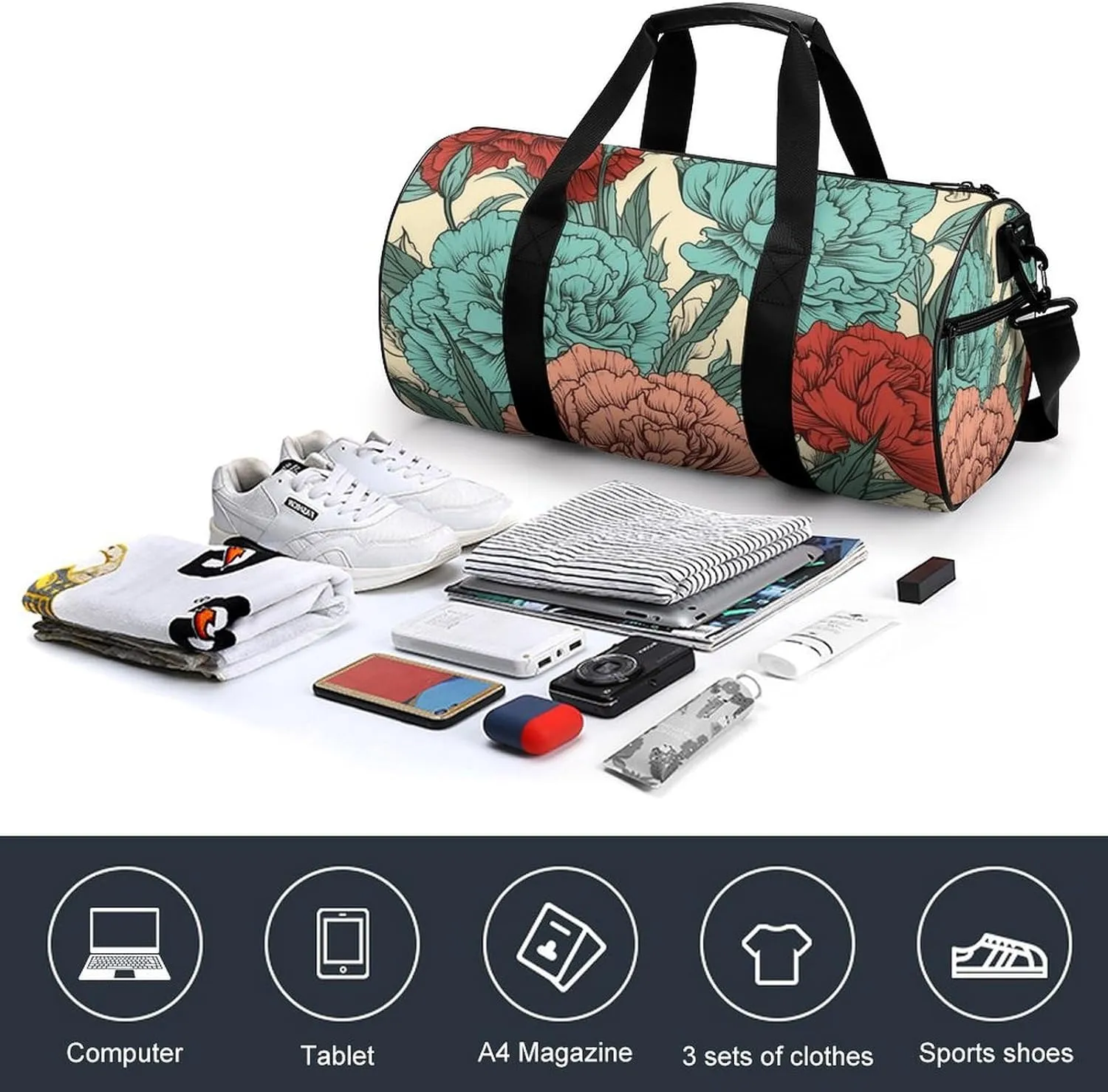 Gym Bag Carnations of Red Colors Duffel Bag for Men Women Overnight Bag with Shoe Compartment Workout Bags