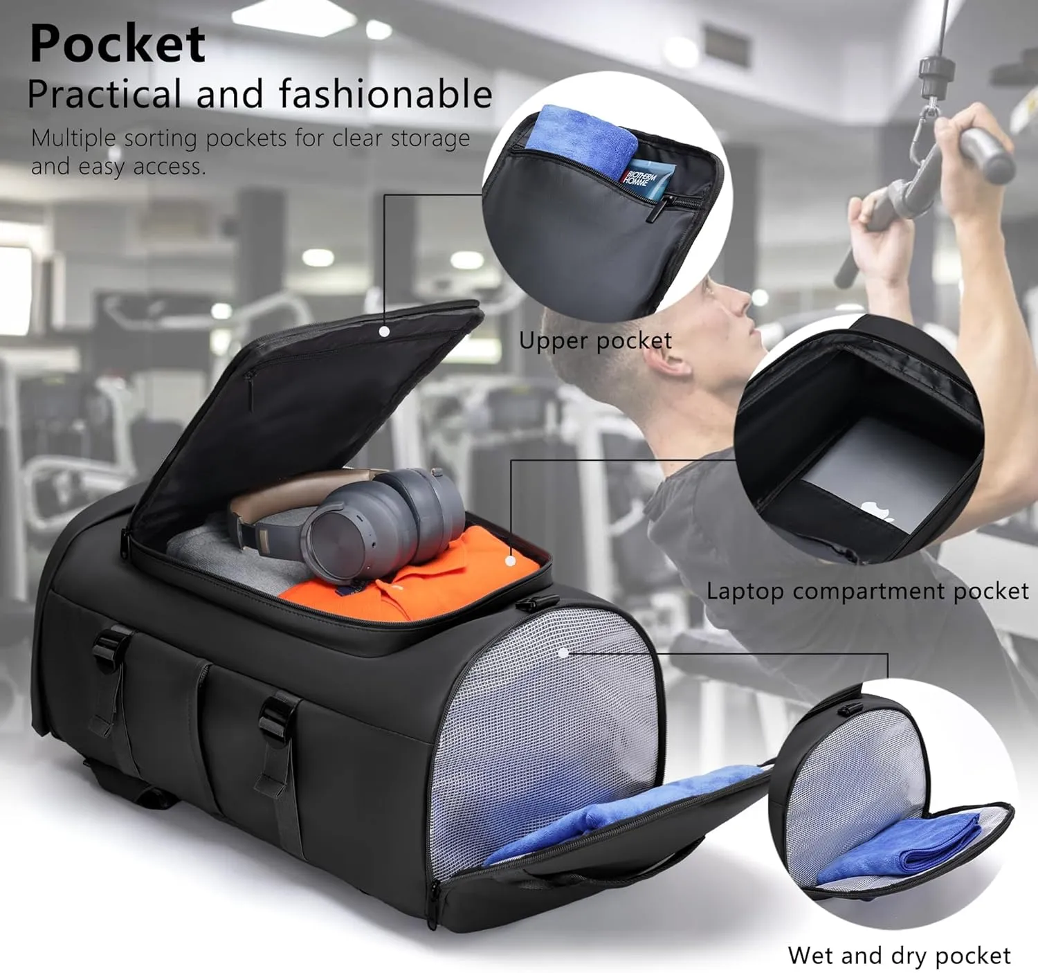 Gym Bag for Men and Women Sports Duffle bag Travel Backpack Weekender Overnight Bag with Shoes Compartment Black - MIYCOO