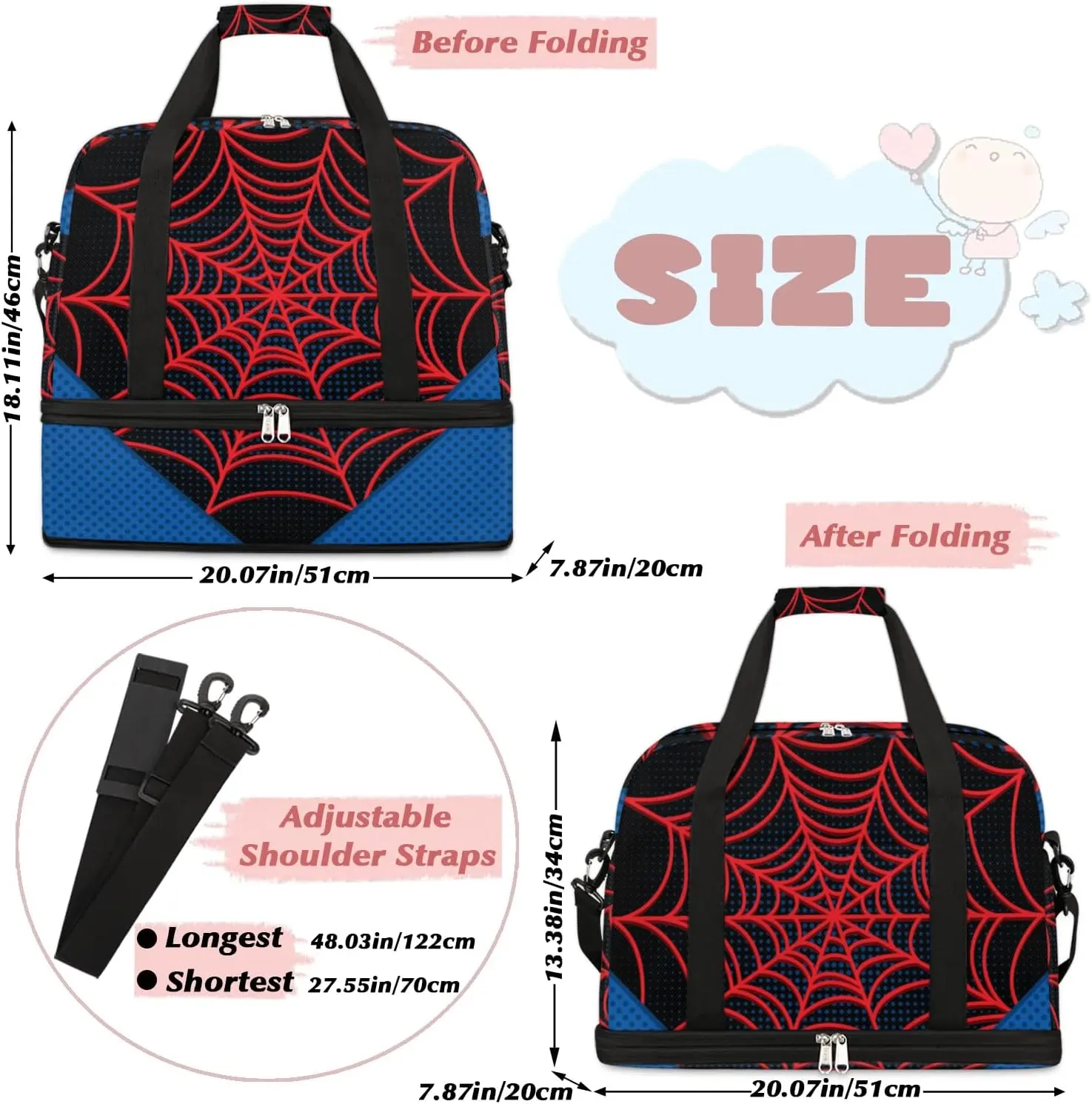 Gym Bag for Men Women, Black Axolotl Carry on Travel Duffel Bag with Trolley Sleeve, Waterproof Weekender Overnight Bags with Shoes and Wet Clothes Compartment for Sleepover Workout Sports