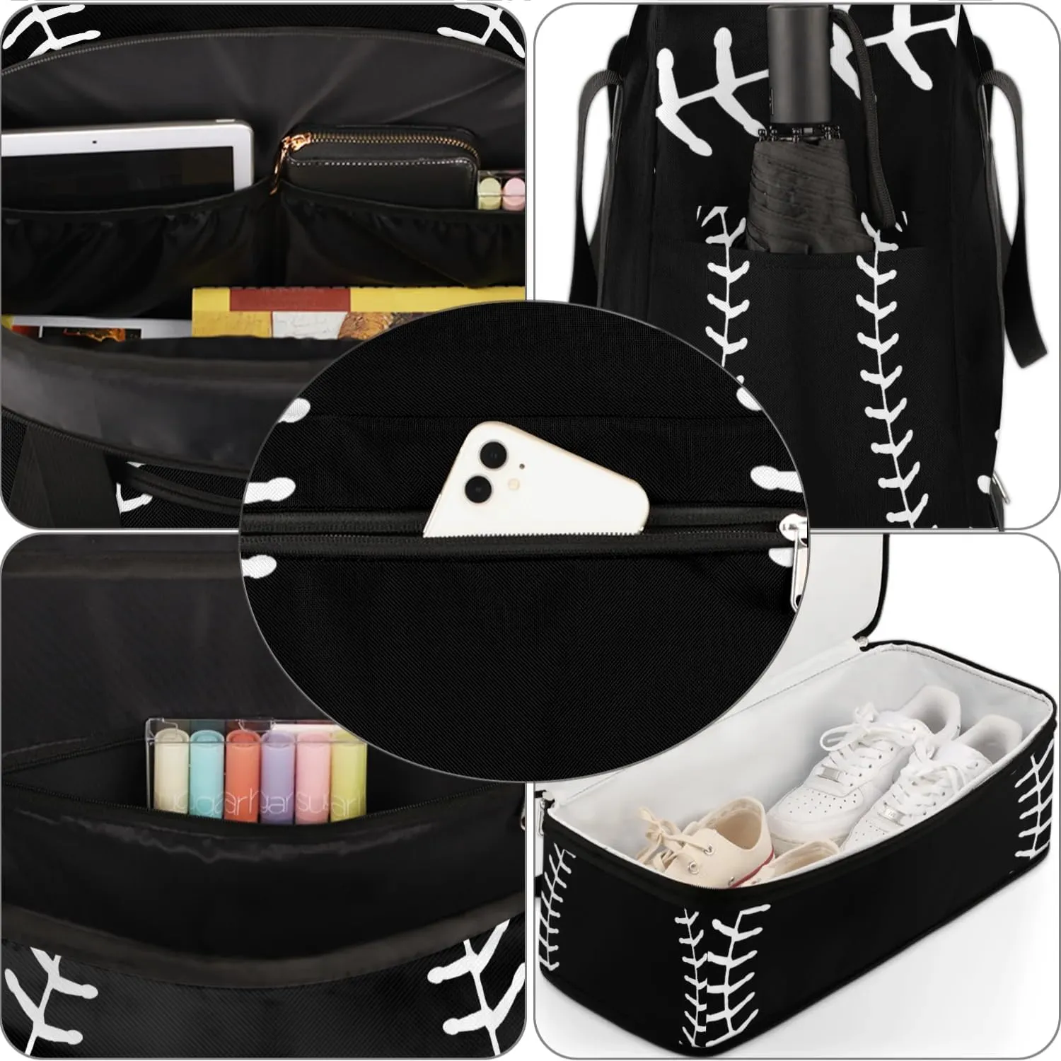 Gym Bag for Men Women, Black Baseball Carry on Travel Duffel Bag with Trolley Sleeve, Waterproof Weekender Overnight Bags with Shoes and Wet Clothes Compartment for Sleepover Workout Sports
