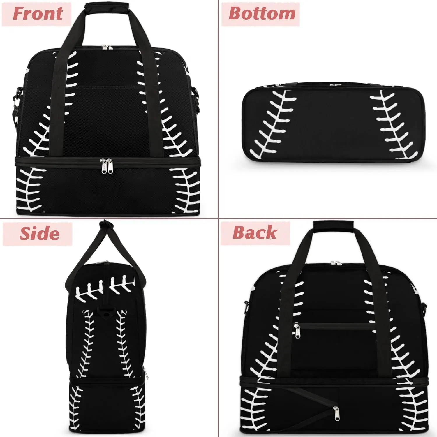 Gym Bag for Men Women, Black Baseball Carry on Travel Duffel Bag with Trolley Sleeve, Waterproof Weekender Overnight Bags with Shoes and Wet Clothes Compartment for Sleepover Workout Sports