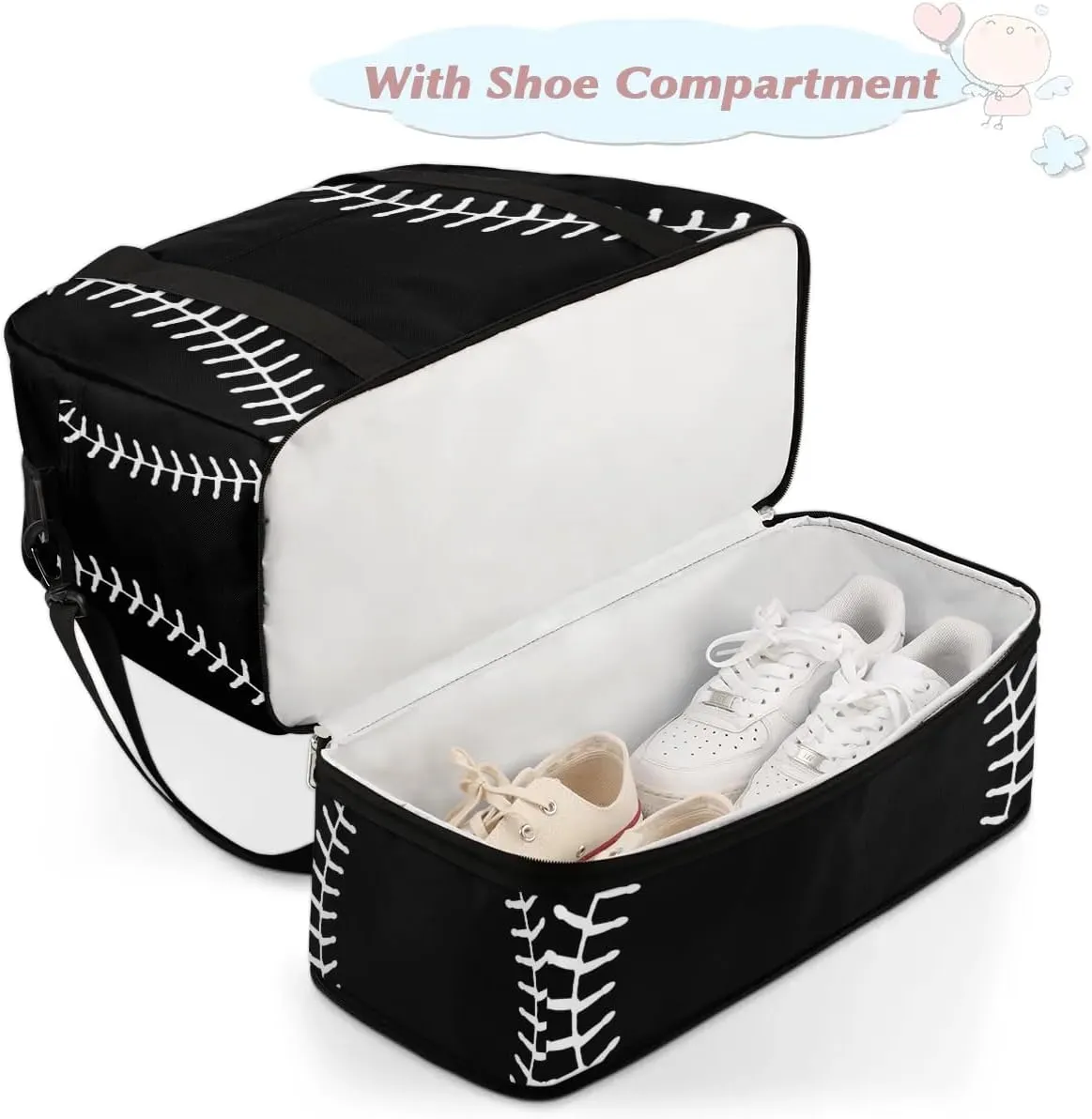 Gym Bag for Men Women, Black Baseball Carry on Travel Duffel Bag with Trolley Sleeve, Waterproof Weekender Overnight Bags with Shoes and Wet Clothes Compartment for Sleepover Workout Sports