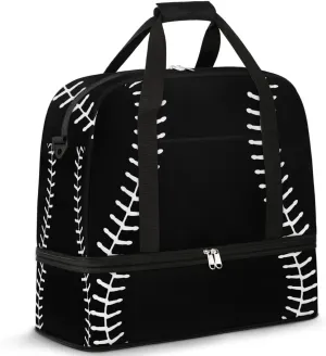 Gym Bag for Men Women, Black Baseball Carry on Travel Duffel Bag with Trolley Sleeve, Waterproof Weekender Overnight Bags with Shoes and Wet Clothes Compartment for Sleepover Workout Sports