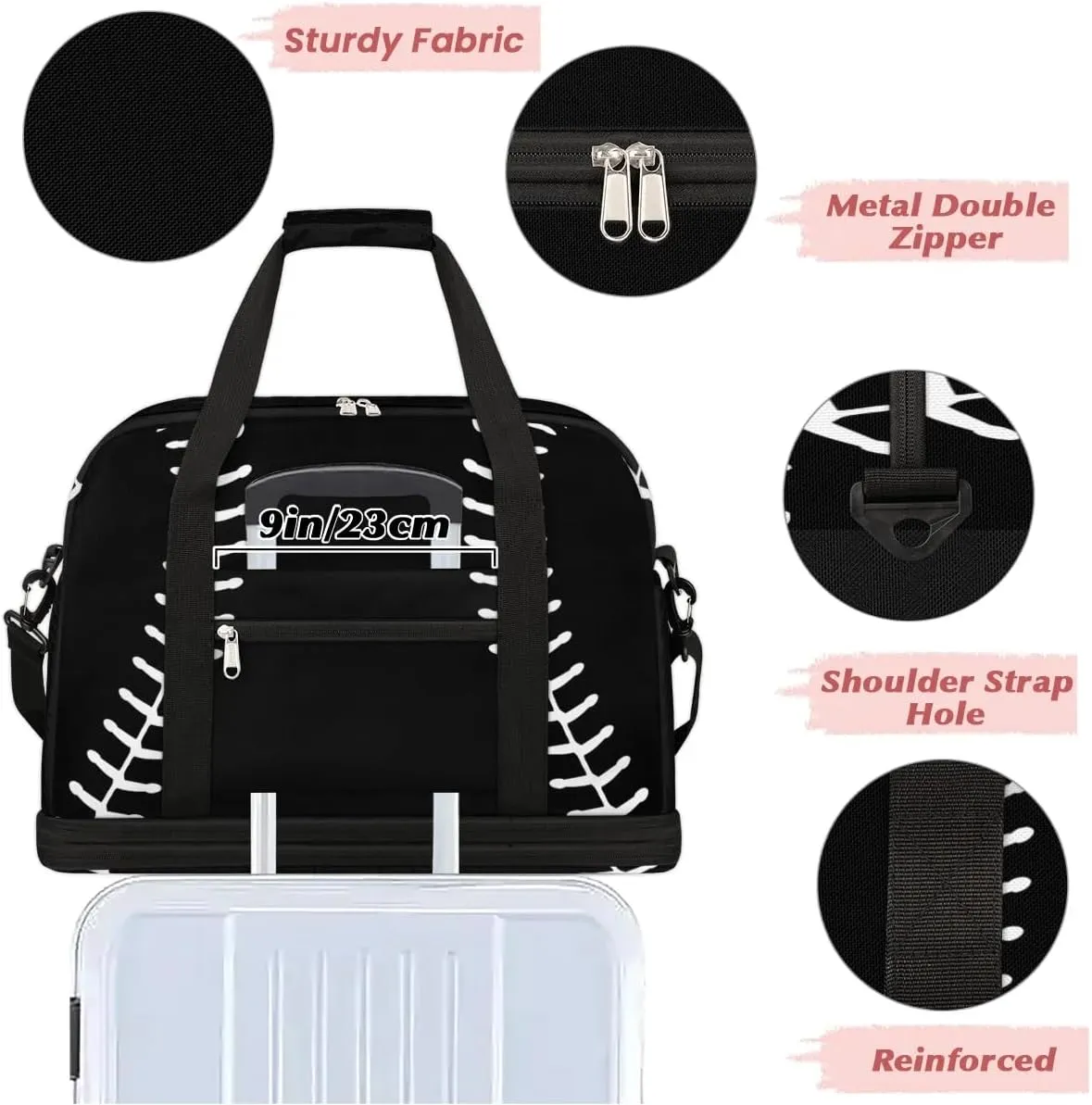 Gym Bag for Men Women, Black Baseball Carry on Travel Duffel Bag with Trolley Sleeve, Waterproof Weekender Overnight Bags with Shoes and Wet Clothes Compartment for Sleepover Workout Sports