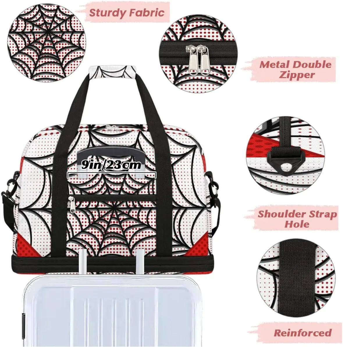 Gym Bag for Men Women, Blue Spider Carry on Travel Duffel Bag with Trolley Sleeve, Waterproof Weekender Overnight Bags with Shoes and Wet Clothes Compartment for Sleepover Workout Sports