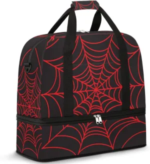 Gym Bag for Men Women, Carry on Travel Duffel Bag with Trolley Sleeve, Black and Red Web Waterproof Weekender Overnight Bags with Shoes and Wet Clothes Compartment for Sleepover Workout Sports