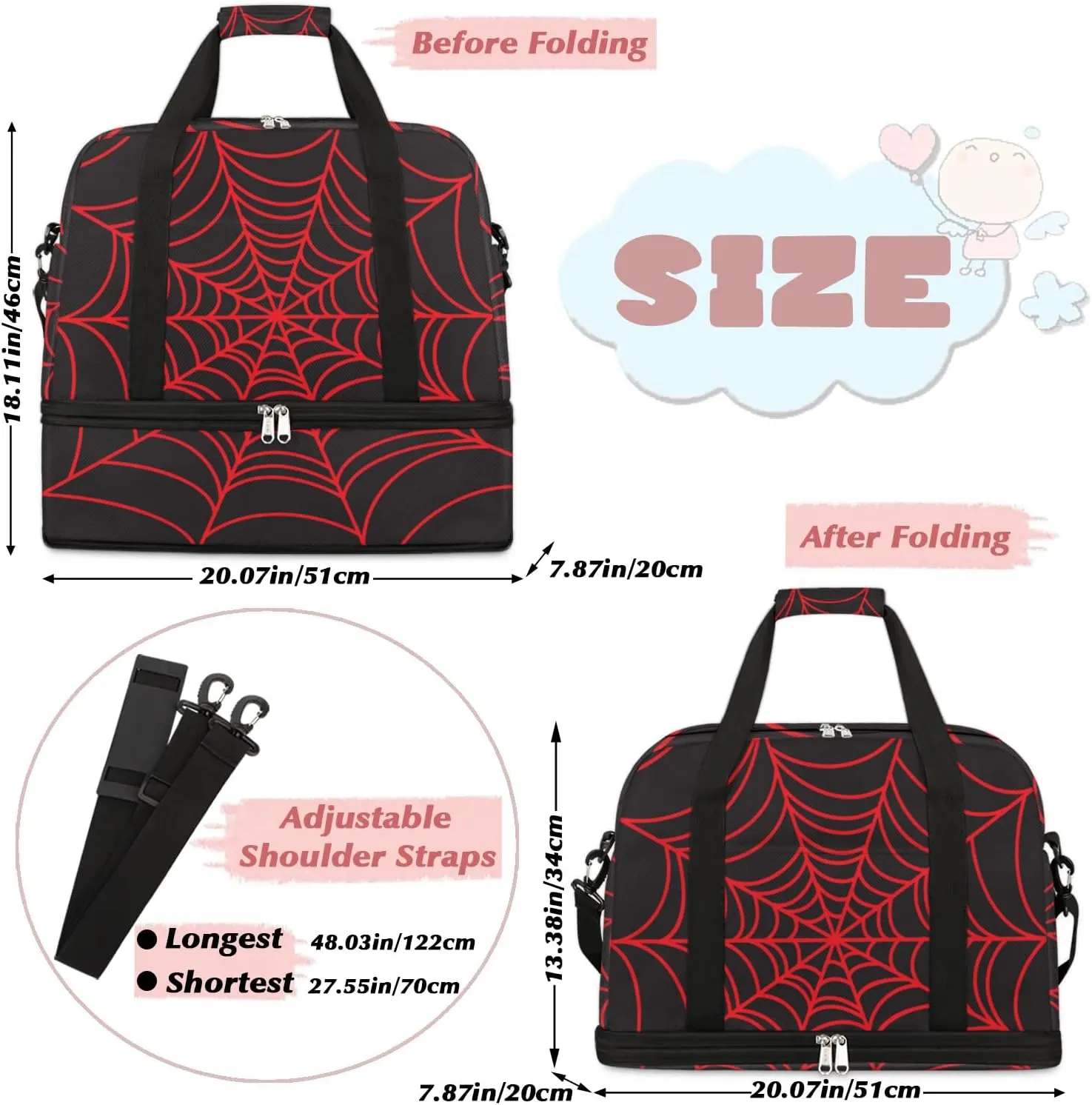 Gym Bag for Men Women, Carry on Travel Duffel Bag with Trolley Sleeve, Black and Red Web Waterproof Weekender Overnight Bags with Shoes and Wet Clothes Compartment for Sleepover Workout Sports