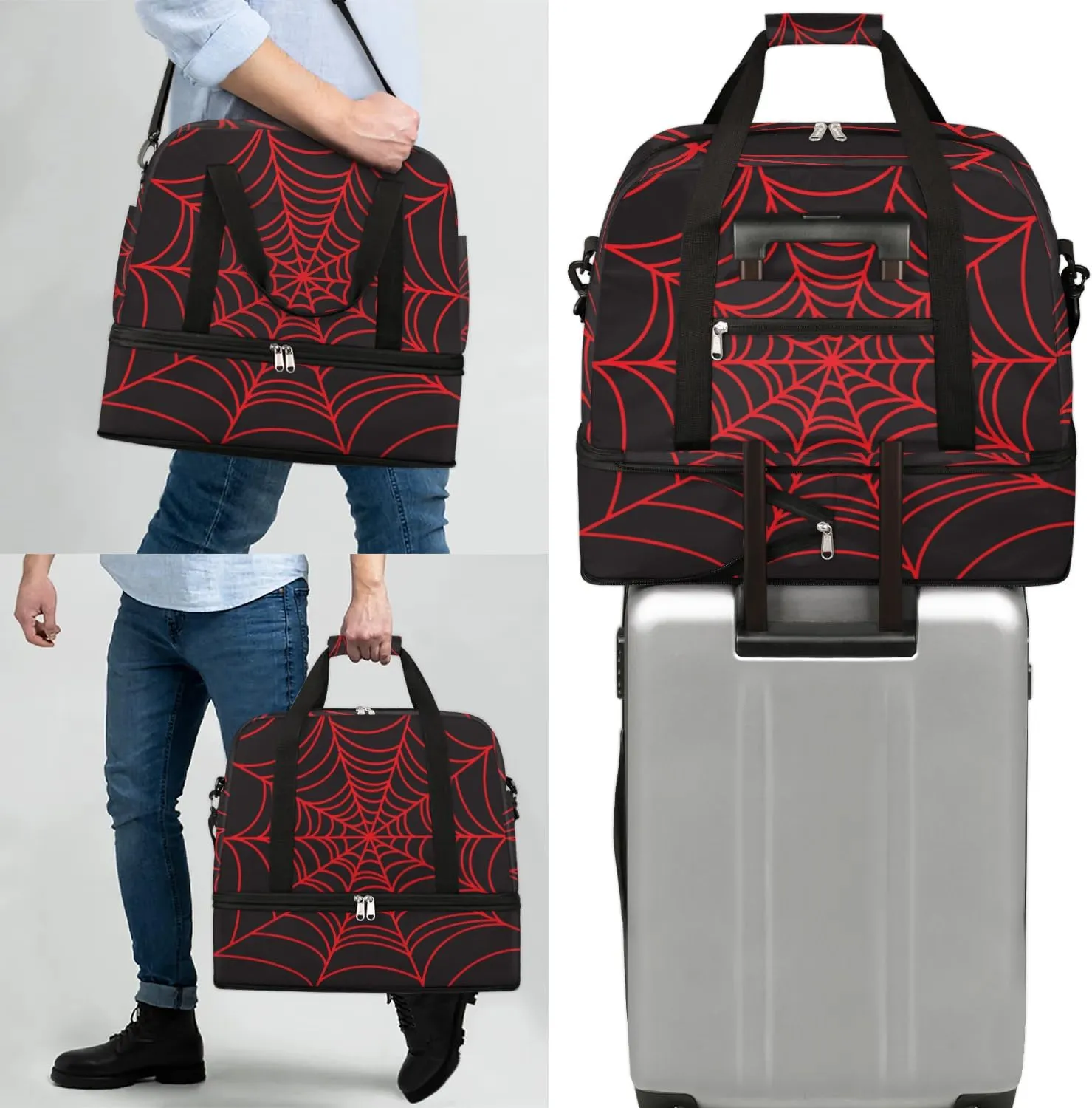 Gym Bag for Men Women, Carry on Travel Duffel Bag with Trolley Sleeve, Black and Red Web Waterproof Weekender Overnight Bags with Shoes and Wet Clothes Compartment for Sleepover Workout Sports