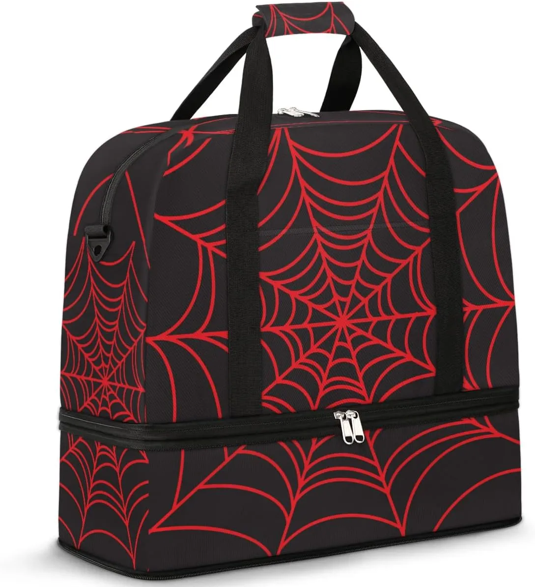 Gym Bag for Men Women, Carry on Travel Duffel Bag with Trolley Sleeve, Black and Red Web Waterproof Weekender Overnight Bags with Shoes and Wet Clothes Compartment for Sleepover Workout Sports
