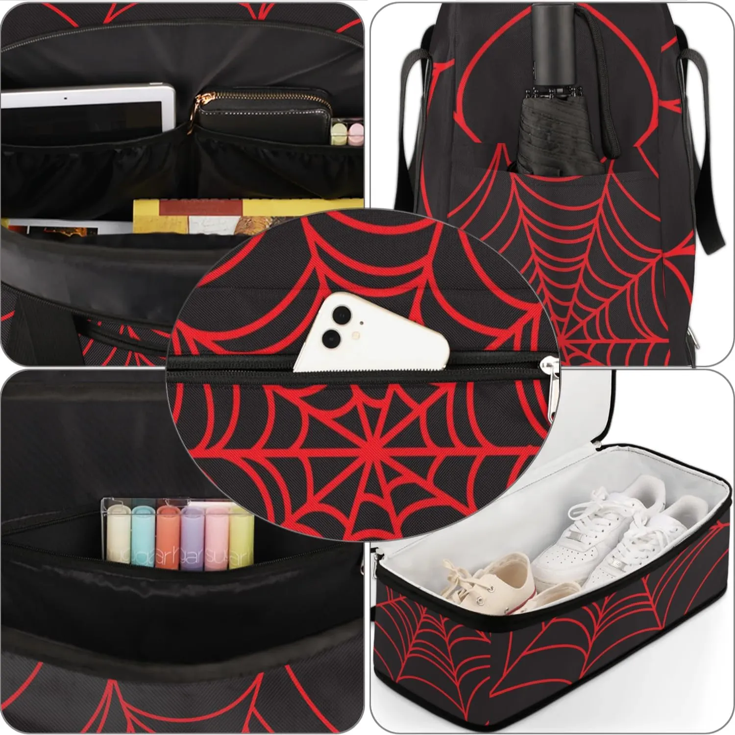 Gym Bag for Men Women, Carry on Travel Duffel Bag with Trolley Sleeve, Black and Red Web Waterproof Weekender Overnight Bags with Shoes and Wet Clothes Compartment for Sleepover Workout Sports