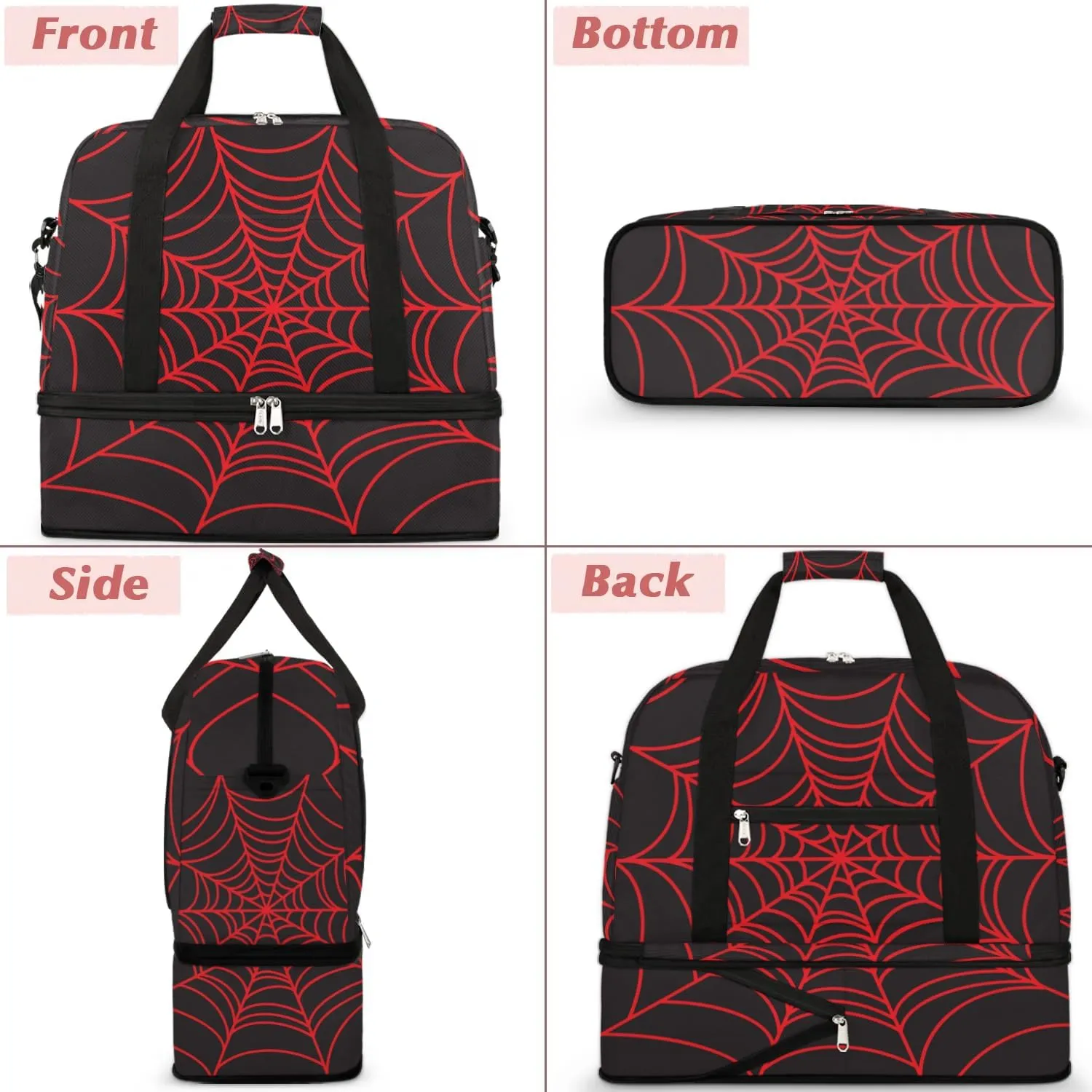 Gym Bag for Men Women, Carry on Travel Duffel Bag with Trolley Sleeve, Black and Red Web Waterproof Weekender Overnight Bags with Shoes and Wet Clothes Compartment for Sleepover Workout Sports