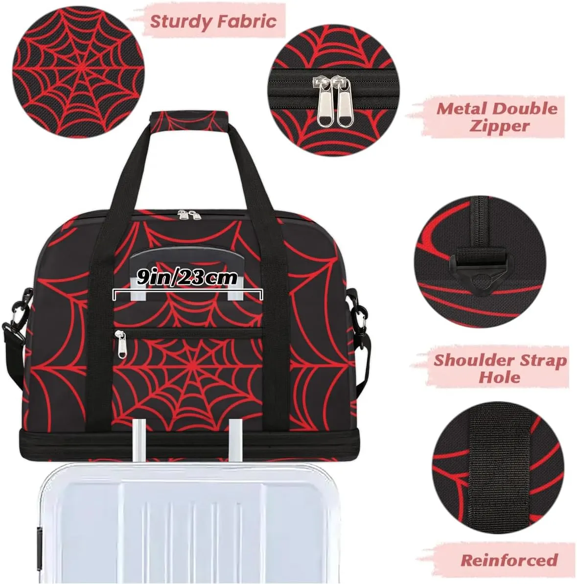 Gym Bag for Men Women, Carry on Travel Duffel Bag with Trolley Sleeve, Black and Red Web Waterproof Weekender Overnight Bags with Shoes and Wet Clothes Compartment for Sleepover Workout Sports
