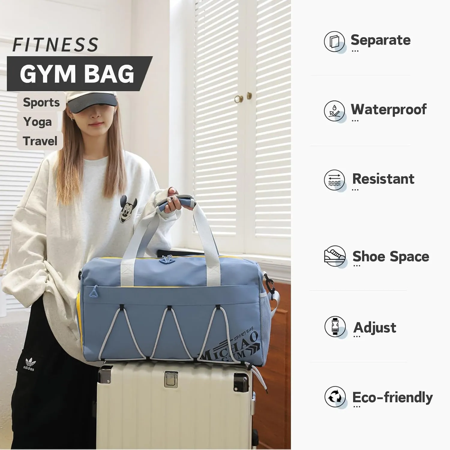 Gym Bag for Men Women, Waterproof Sports Duffle Bag with Shoe Compartment & Wet Pocket, Small Travel Duffel Bag Overnight Carry on Weekender bag for Workout, Fitness, Overnight, Yoga - Blue