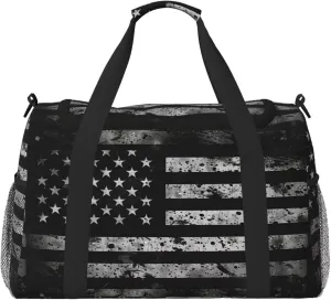 Gym Bag for Women & Men Black American Flag Sports Travel Duffel Bag US Flags Pattern Carry On Weekender Bag Workout Overnight Backpack for Travel Patriot Star Stripe Carry On Bag