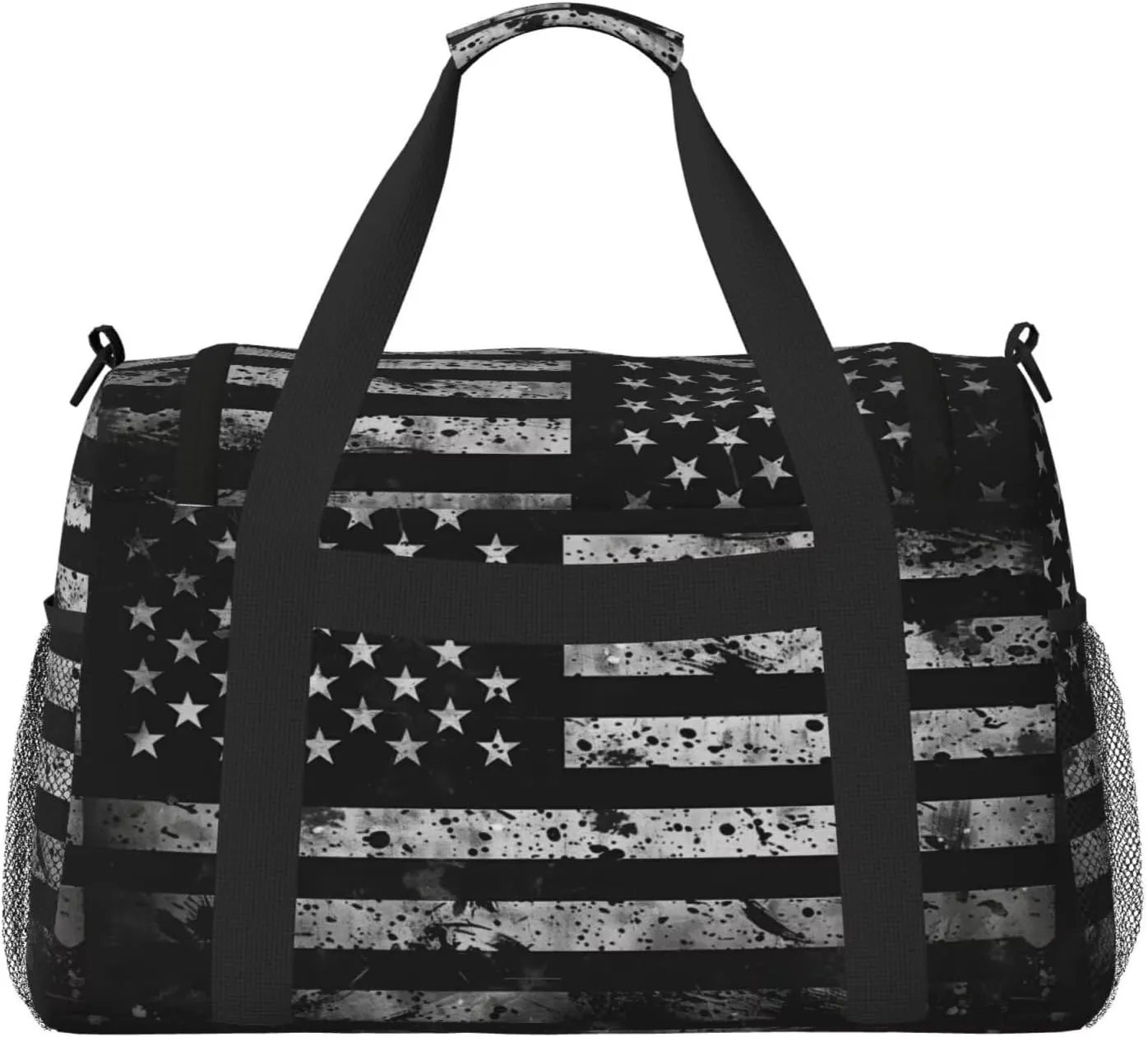 Gym Bag for Women & Men Black American Flag Sports Travel Duffel Bag US Flags Pattern Carry On Weekender Bag Workout Overnight Backpack for Travel Patriot Star Stripe Carry On Bag
