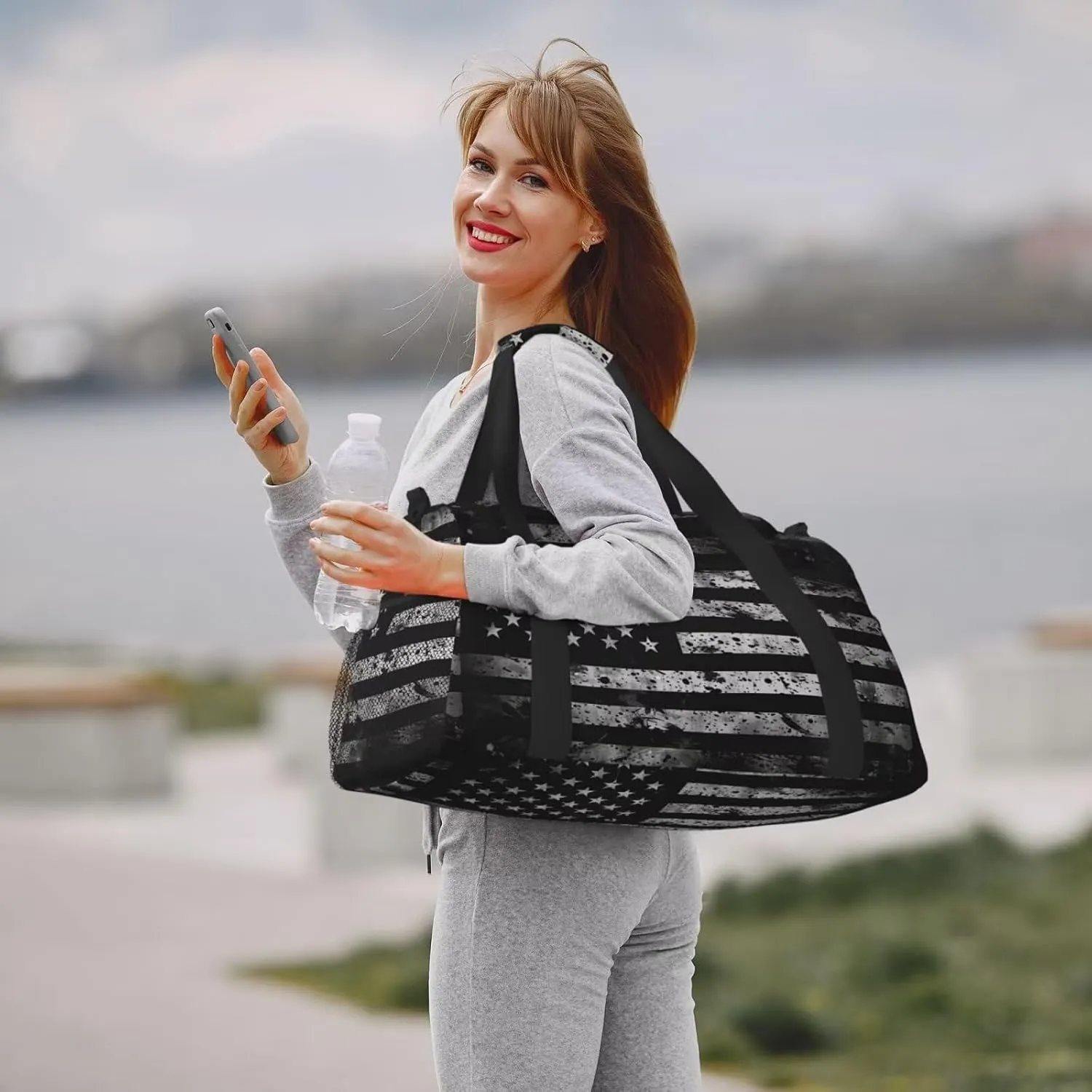 Gym Bag for Women & Men Black American Flag Sports Travel Duffel Bag US Flags Pattern Carry On Weekender Bag Workout Overnight Backpack for Travel Patriot Star Stripe Carry On Bag