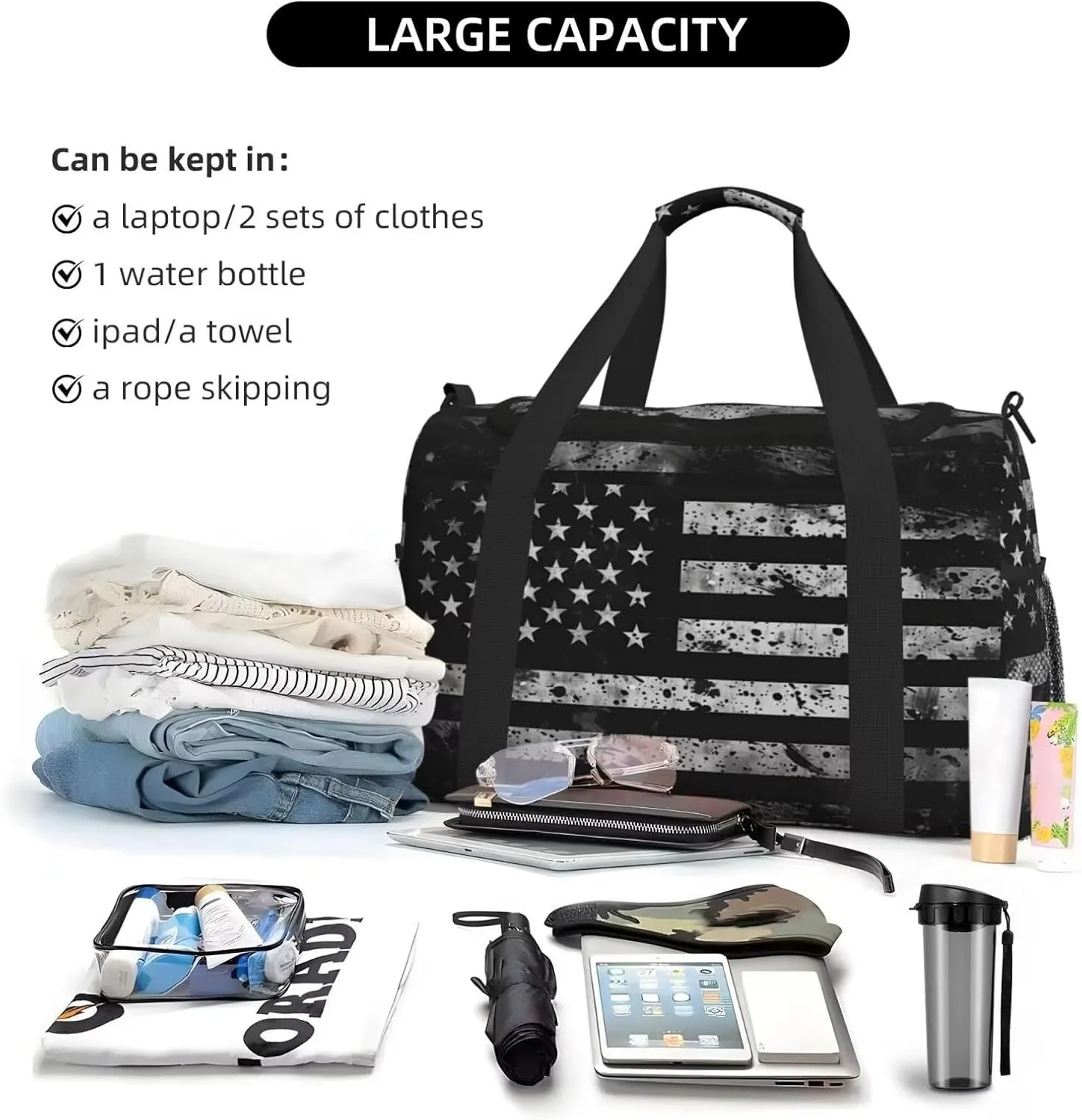 Gym Bag for Women & Men Black American Flag Sports Travel Duffel Bag US Flags Pattern Carry On Weekender Bag Workout Overnight Backpack for Travel Patriot Star Stripe Carry On Bag