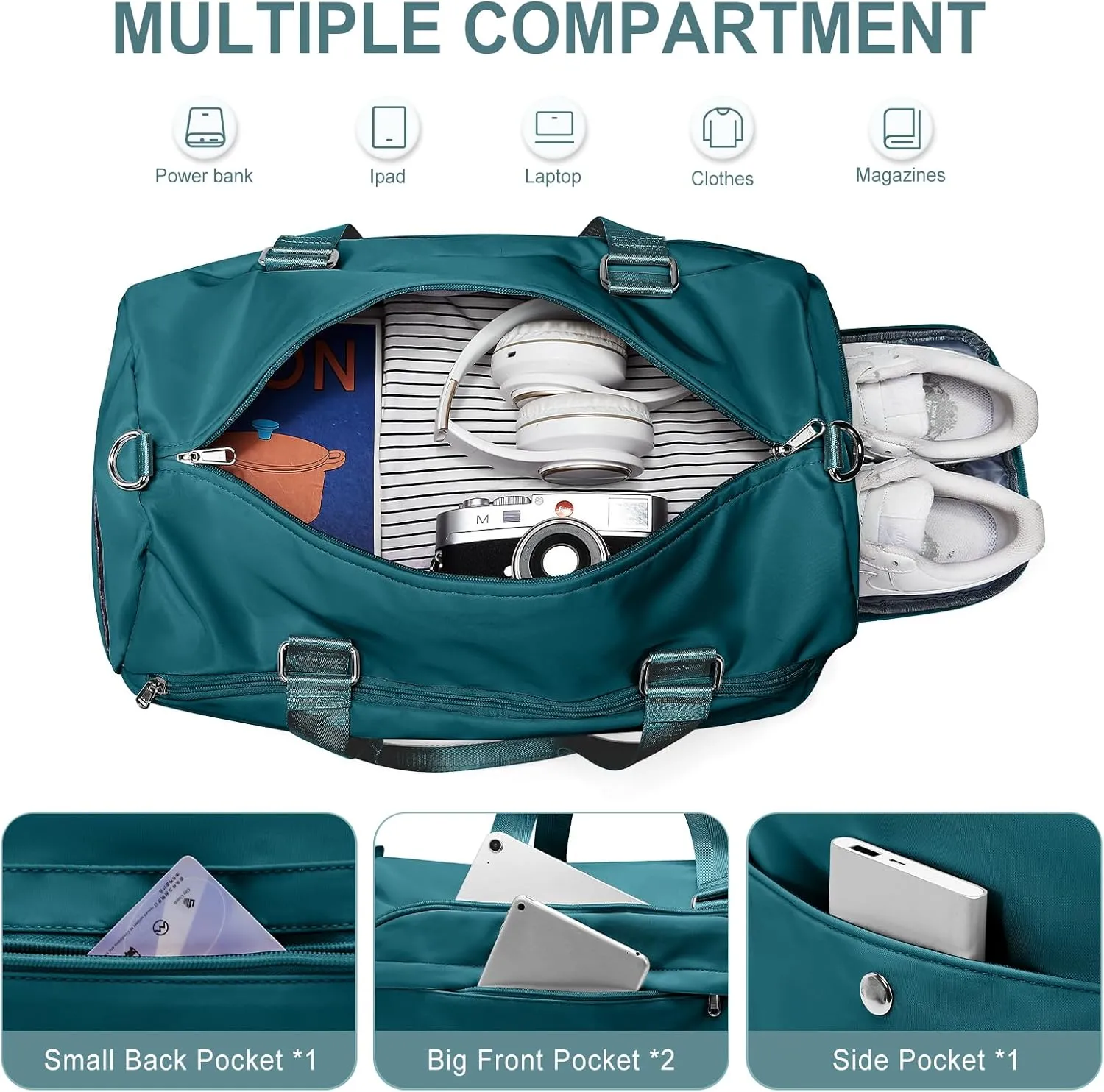 Gym Bag for Women & Men, Sports Duffel Bag Travel Bag with Shoe Compartment, Personal Item Weekender Bag with Wet Pocket, Peacock Green Overnight Bag