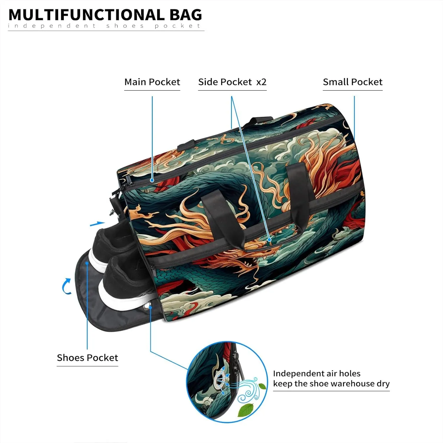 Gym Bag for Women, Carry on Weekender Overnight Bag, Travel Duffel Bags, Personal Item Travel Bag Tote Bag Workout Dance Bag, Chinese Dragon - 4