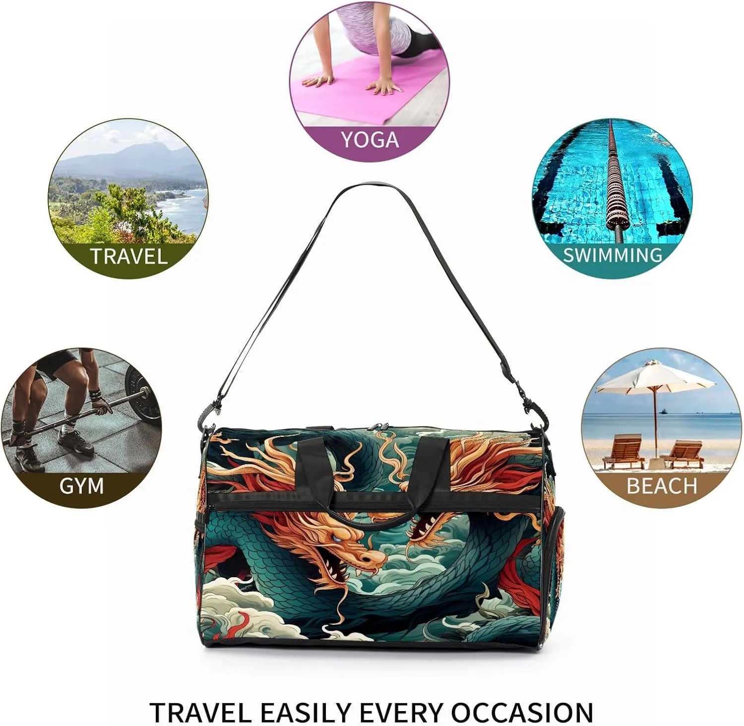 Gym Bag for Women, Carry on Weekender Overnight Bag, Travel Duffel Bags, Personal Item Travel Bag Tote Bag Workout Dance Bag, Chinese Dragon - 4