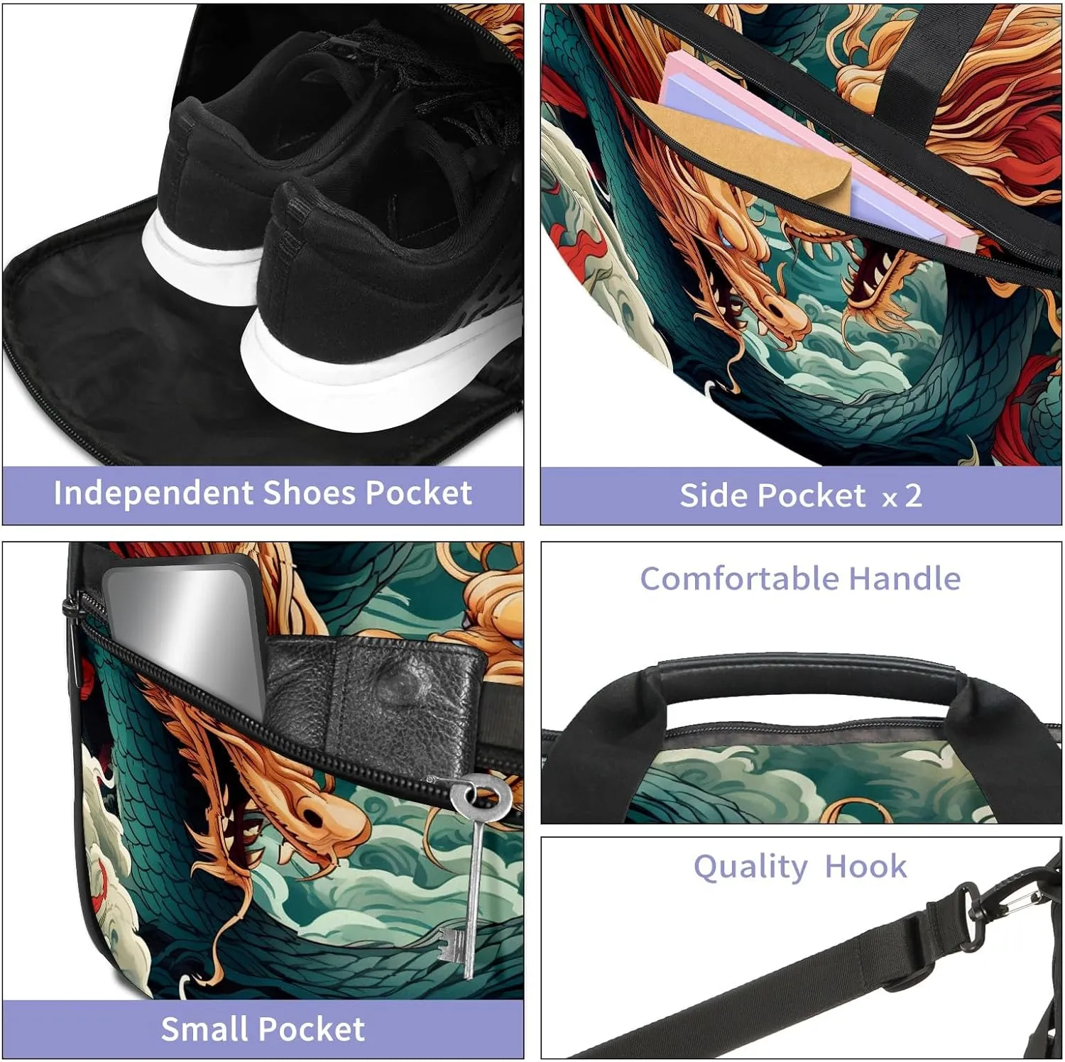 Gym Bag for Women, Carry on Weekender Overnight Bag, Travel Duffel Bags, Personal Item Travel Bag Tote Bag Workout Dance Bag, Chinese Dragon - 4
