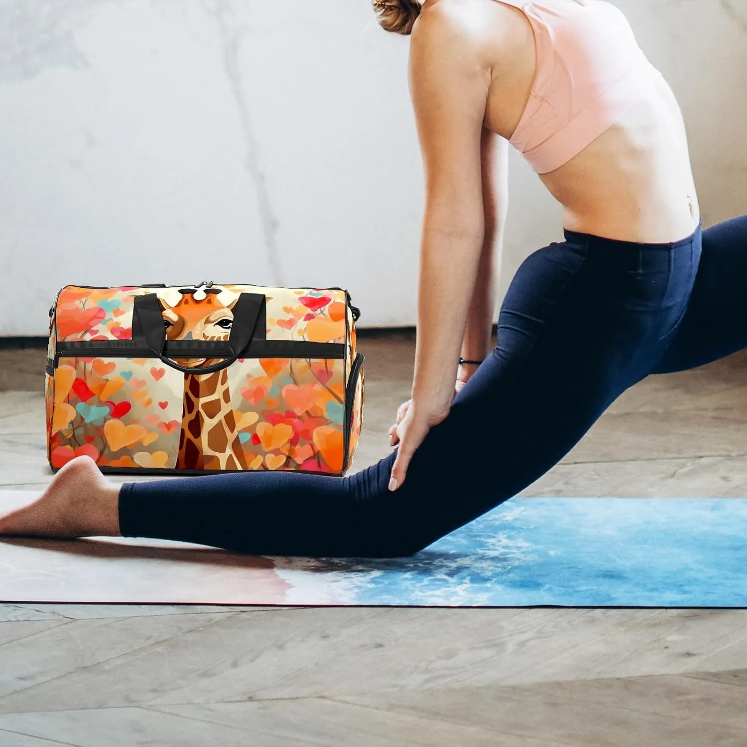 Gym Bag for Women, Carry on Weekender Overnight Bag, Travel Duffel Bags, Personal Item Travel Bag Tote Bag Workout Dance Bag, Heart Flowers Giraffe - 16