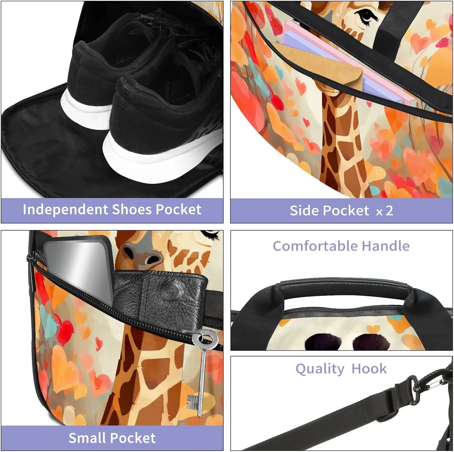 Gym Bag for Women, Carry on Weekender Overnight Bag, Travel Duffel Bags, Personal Item Travel Bag Tote Bag Workout Dance Bag, Heart Flowers Giraffe - 16